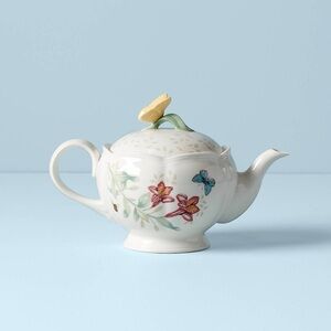 Lenox White Ceramic Teapot with Red Flowers and Blue Butterfly